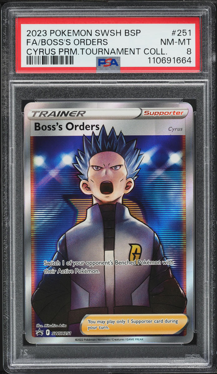 2023 Pokemon SWSH Black Star Promo Cyrus Premium Boss's Orders #251 PSA 8 NM-MT