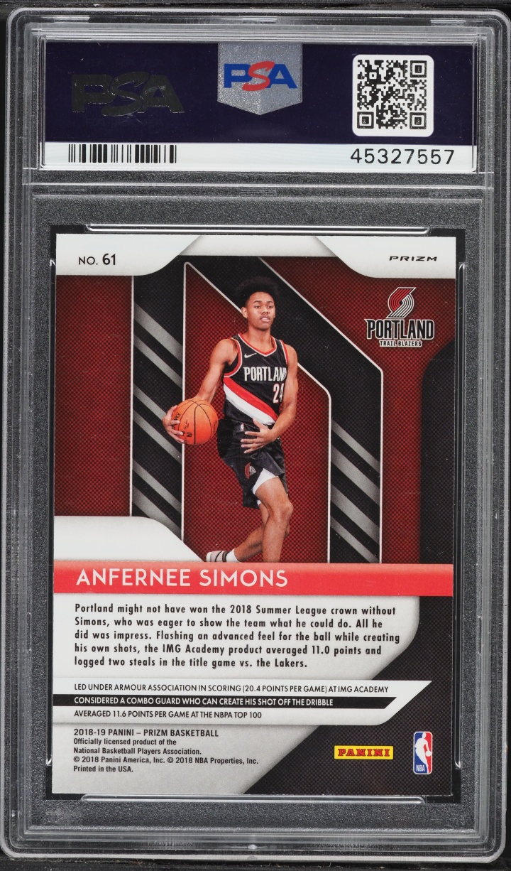 2018 Panini Prizm Silver Anfernee Simons ROOKIE #61 PSA 10 GEM MINT