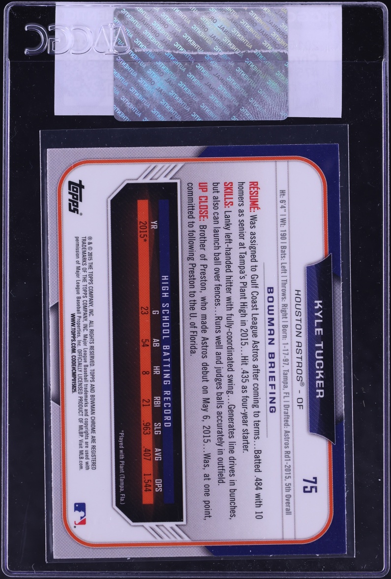 2015 Bowman Chrome Draft Refractor Kyle Tucker PROSPECT #75 CGC AUTH
