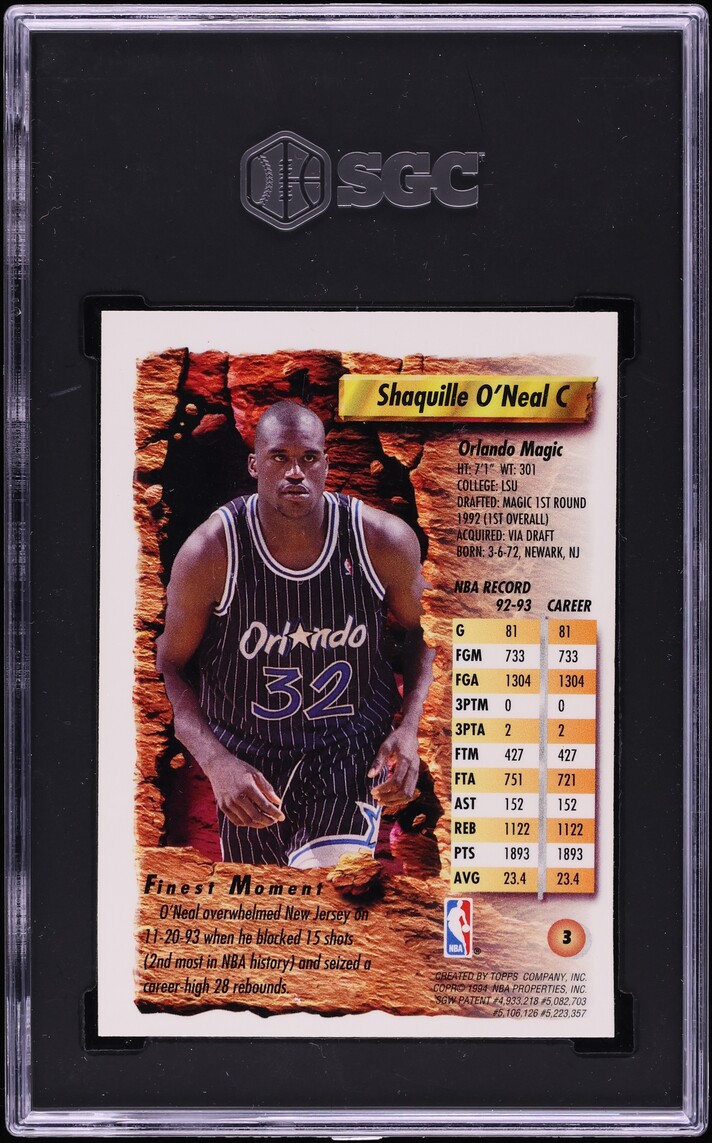 1993 Finest Basketball Shaquille O'Neal ROOKIE #3 SGC 6 EXMT
