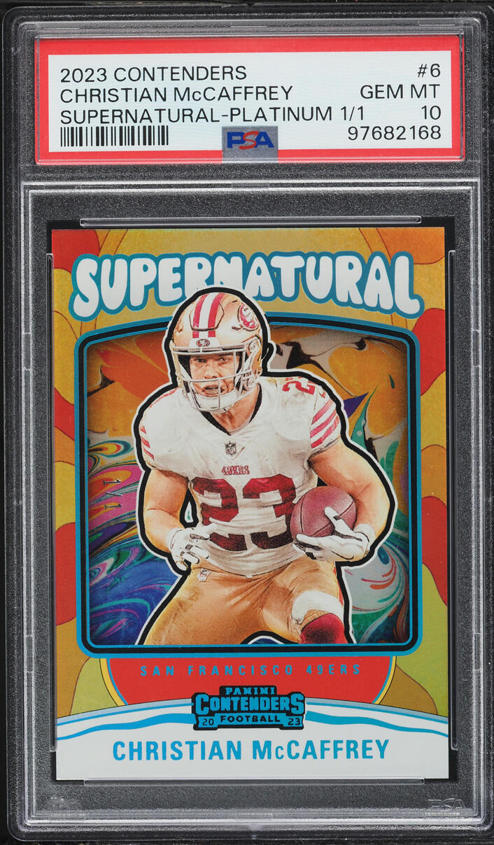 2023 Panini Contenders Supernatural Platinum Christian McCaffrey 1/1 #6 PSA 10 GEM MINT