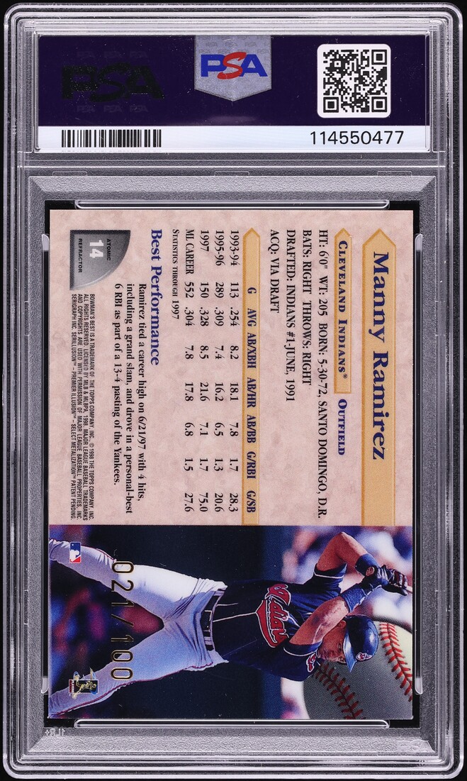 1998 Bowman's Best Atomic Refractor Manny Ramirez /100 #14 PSA 7 NRMT