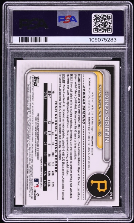 2024 Bowman Chrome Draft Purple Refractor Konnor Griffin PROSPECT AUTO /250 #CPA-KG PSA 10 GEM