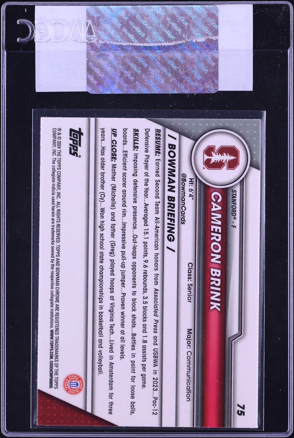 2023 Bowman Chrome University Pink Refractor Cameron Brink ROOKIE #75 CGC AUTH