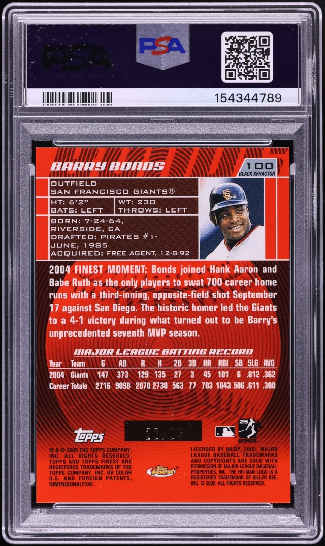 2005 Finest Black Xfractor Barry Bonds /25 #100 PSA 9 MINT - Photo 2