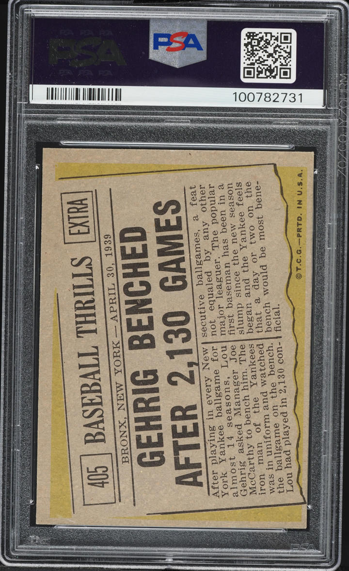 1961 Topps Lou Gehrig BENCHED AFTER 2,130 GAMES #405 PSA 7 NRMT