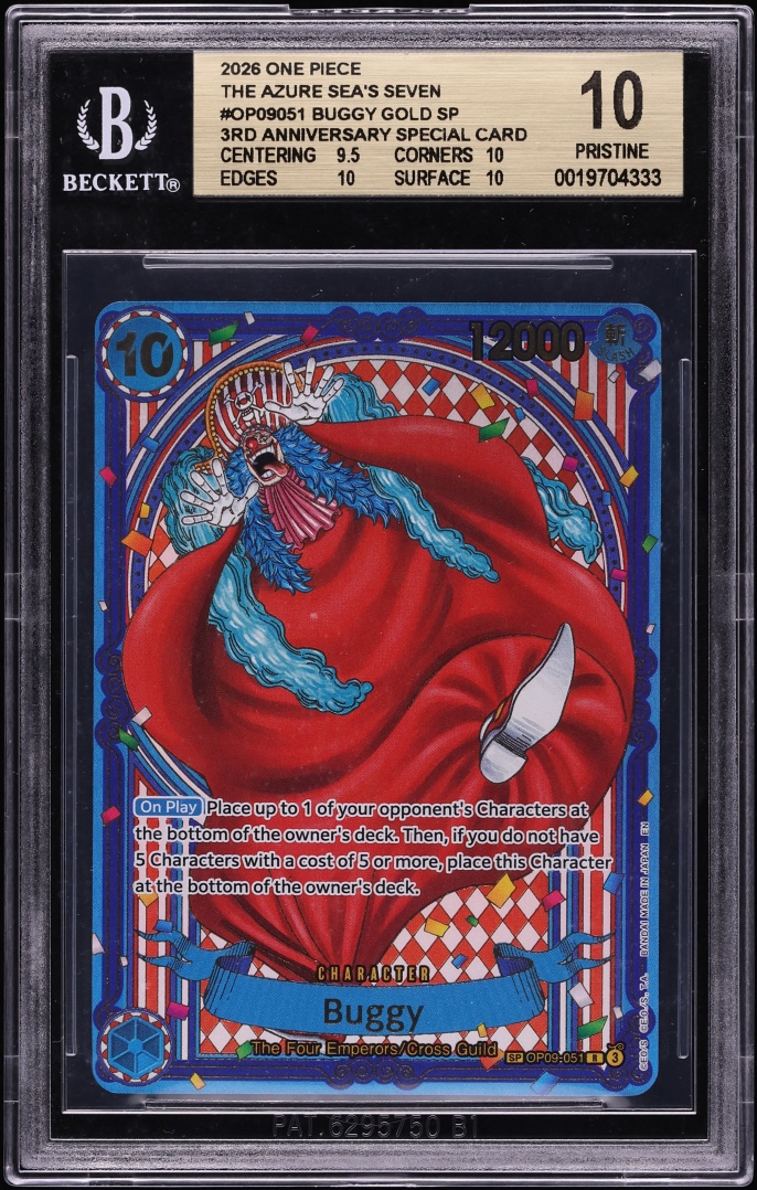 2026 One Piece The Azure Sea's Seven 3rd Anniversary Gold SP Buggy #OP09-051 BGS 10 PRISTINE