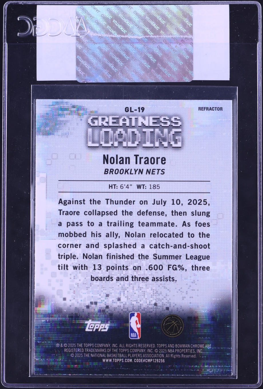 2025 Bowman Chrome Greatness Loading Refractor Nolan Traore ROOKIE #GL-19 CGC AUTH