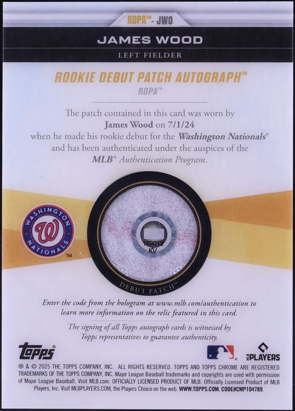 2025 Topps Chrome Update James Wood ROOKIE MLB DEBUT PATCH AUTO 1/1 #RDPA-JWO CGC AUTH