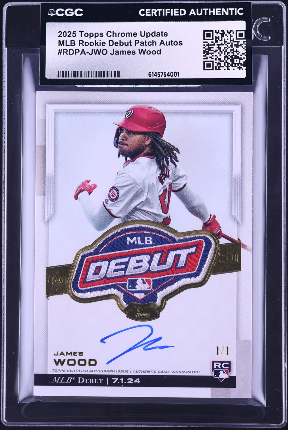 2025 Topps Chrome Update James Wood ROOKIE MLB DEBUT PATCH AUTO 1/1 #RDPA-JWO CGC AUTH