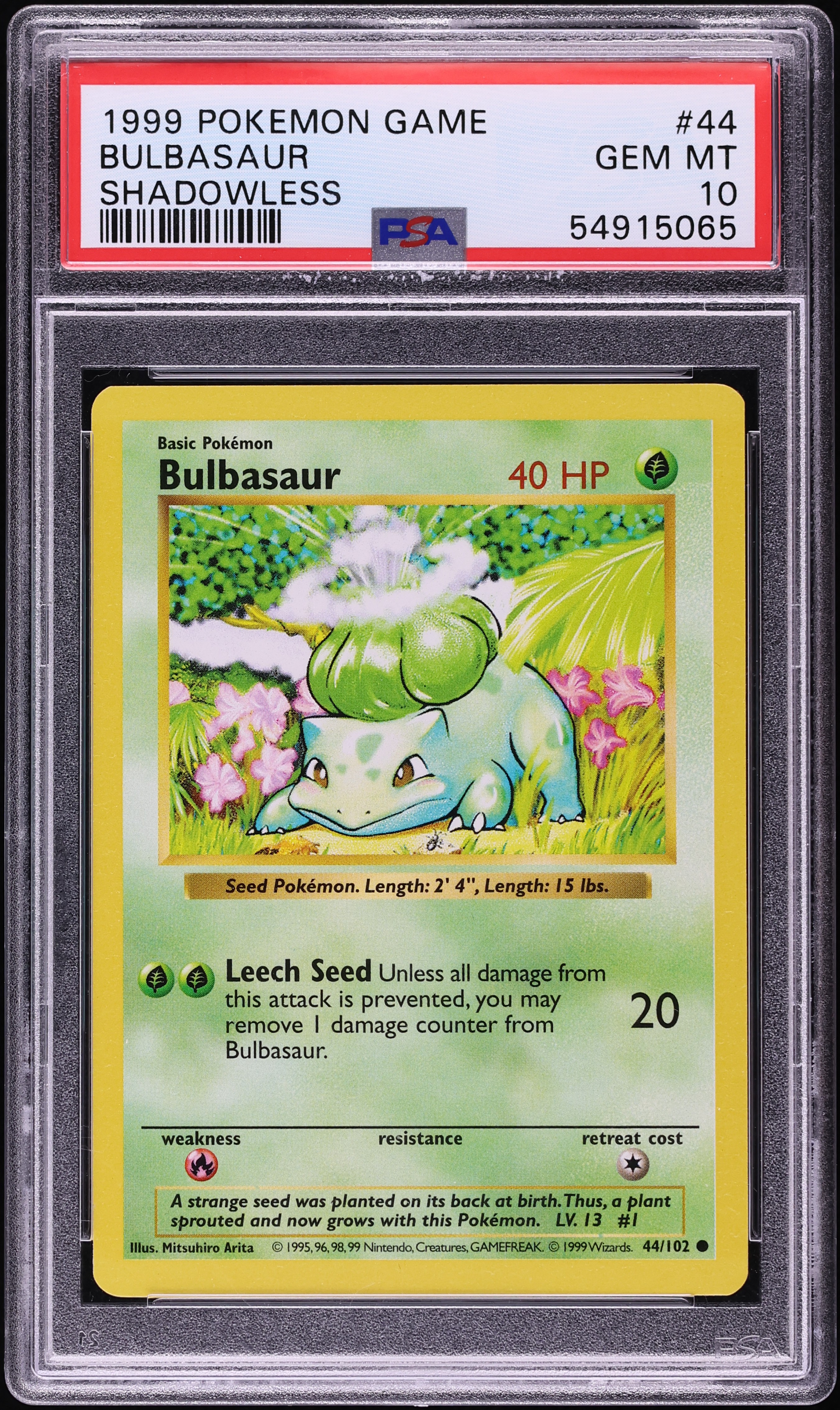 1999 Pokemon Base Set Shadowless Bulbasaur #44 PSA 10 GEM MINT