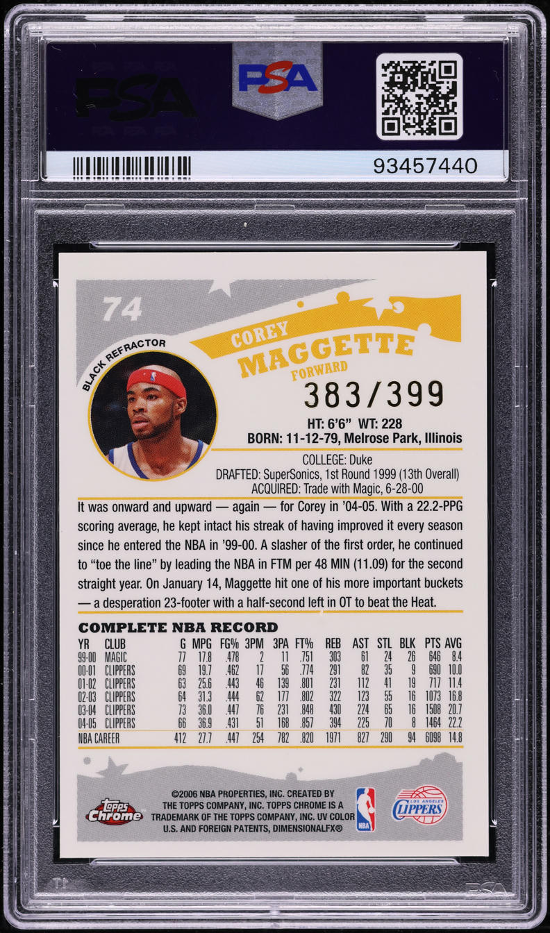 2005 Topps Chrome Black Refractor Corey Maggette /399 #74 PSA 10 GEM MINT