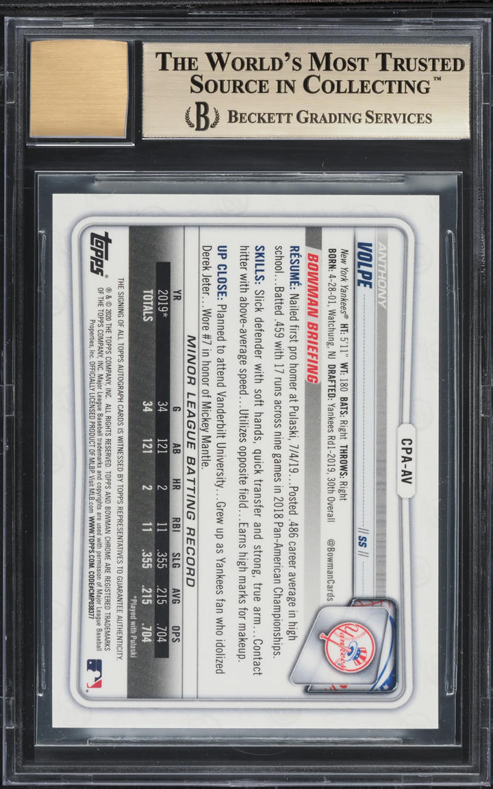 2020 Bowman Chrome Anthony Volpe PROSPECT AUTO #CPA-AV BGS 9.5 GEM MINT
