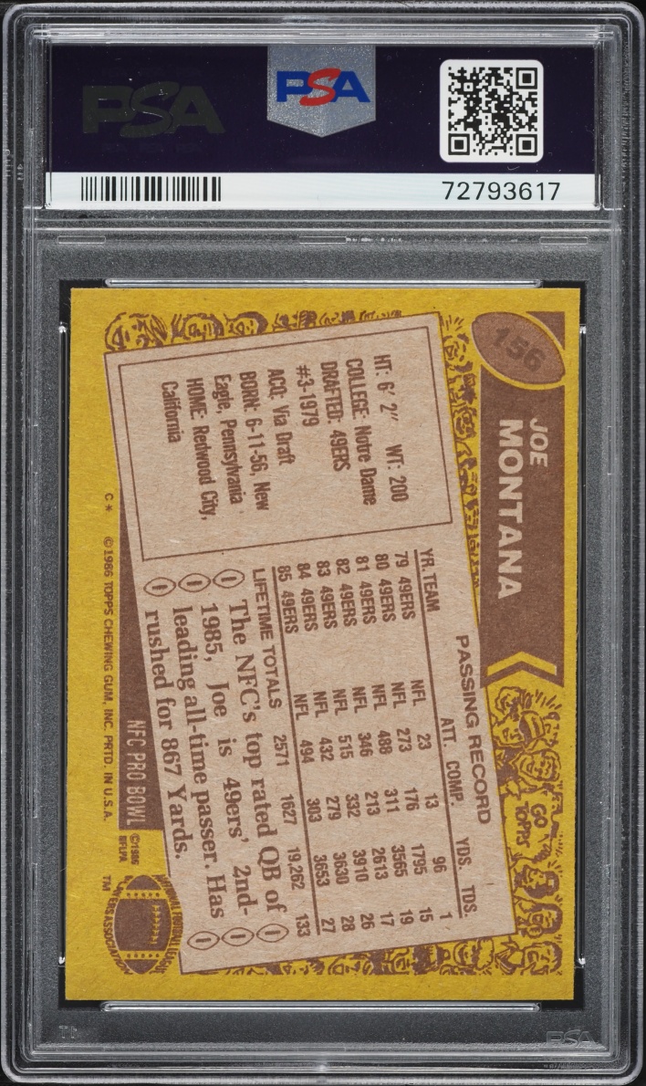 1986 Topps Football Joe Montana #156 PSA 7 NRMT