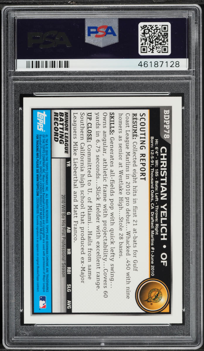 2010 Bowman Chrome Draft Christian Yelich PROSPECT #BDPP78 PSA 10 GEM MINT
