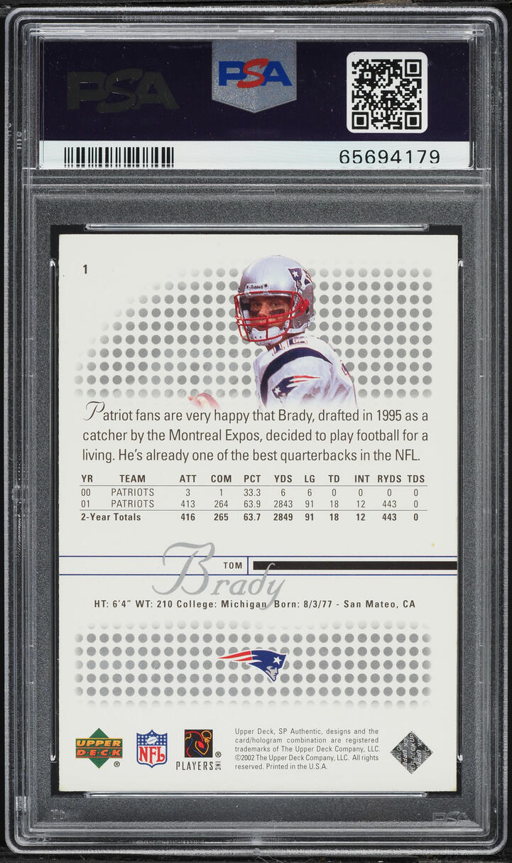 2002 SP Authentic Tom Brady #1 PSA 8 NM-MT
