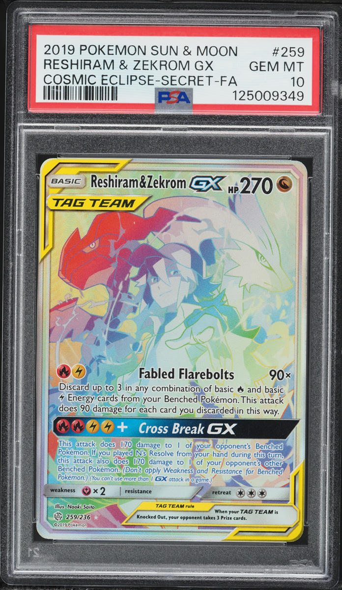 2019 Pokemon Sun & Moon Cosmic Eclipse Rainbow Rare Reshiram & Zekrom GX #259 PSA 10 GEM MINT