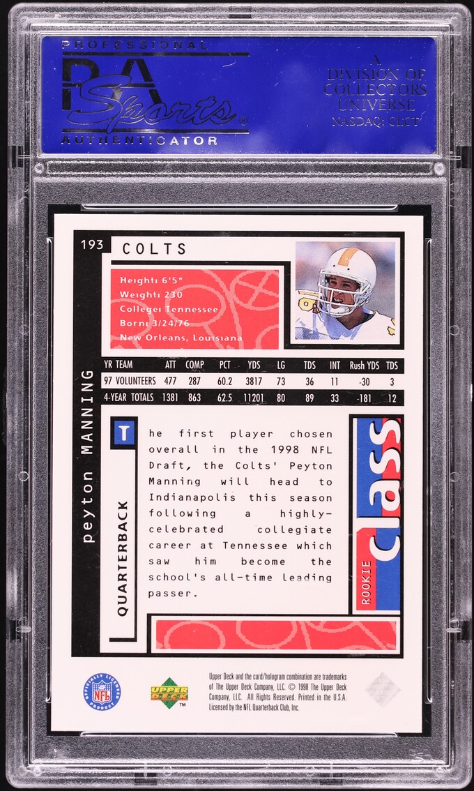 1998 Upper Deck Choice Peyton Manning ROOKIE #193 PSA 10 GEM MINT
