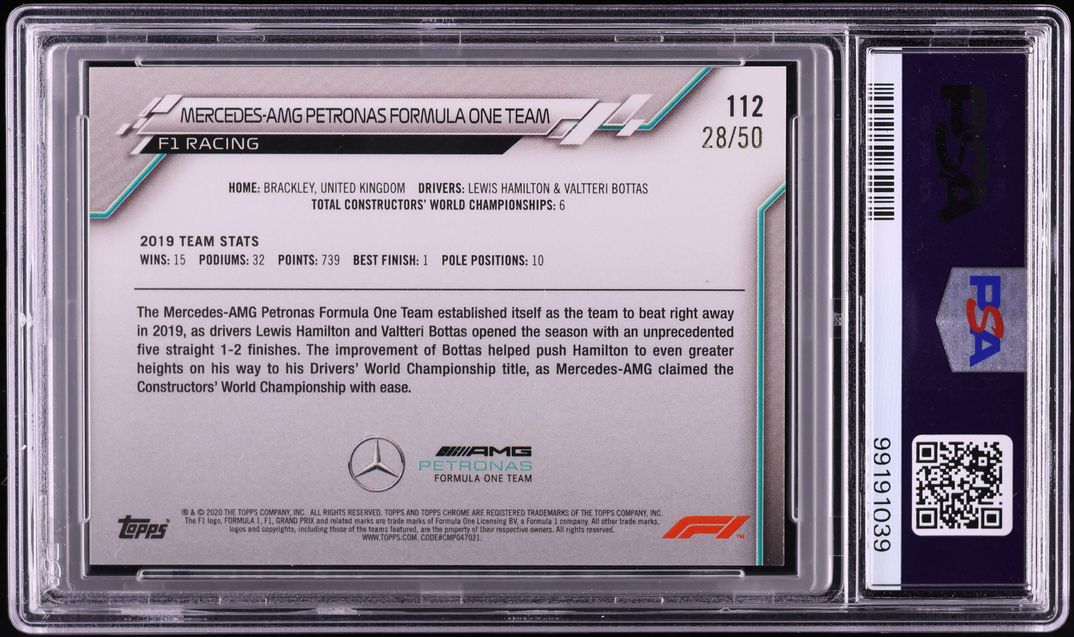 2020 Topps Chrome Formula 1 F1 Sapphire Gold Mercedes-AMG /50 #112 PSA 9 MINT
