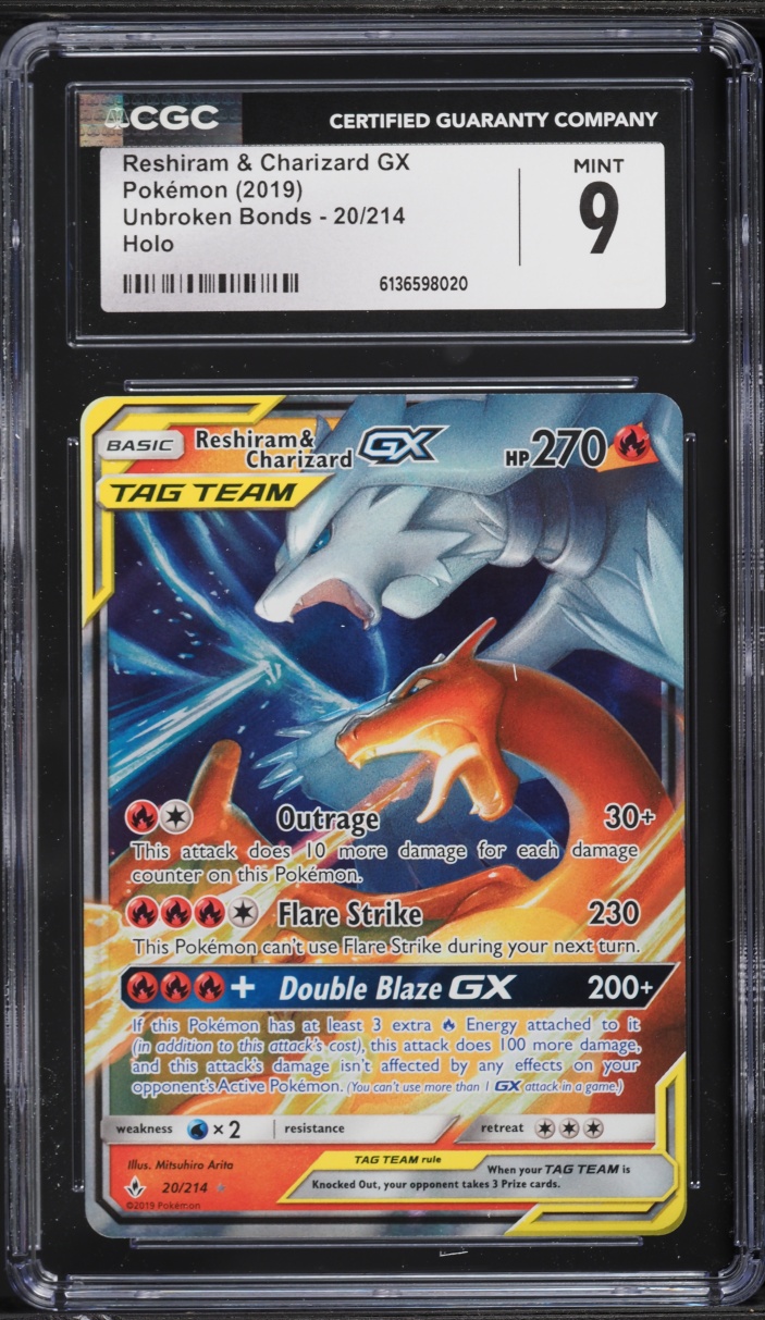 2019 Pokemon Sun & Moon Unbroken Bonds Reshiram & Charizard GX #20 CGC 9 MINT