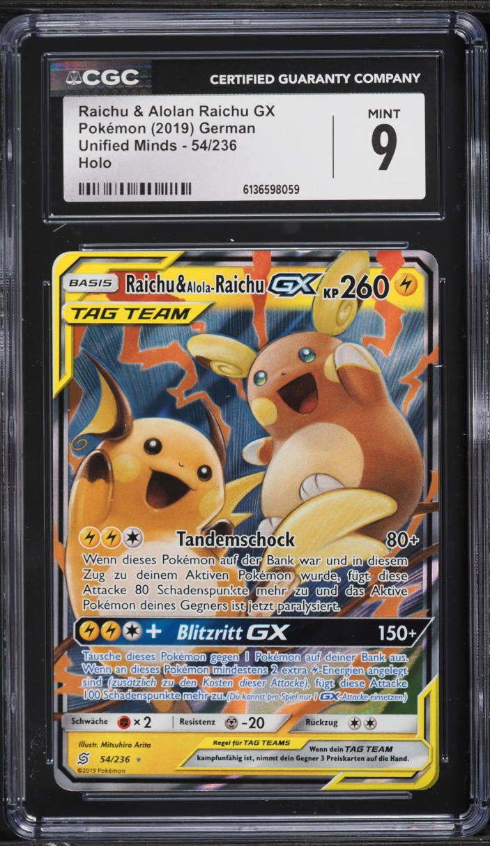 2019 Pokemon Sun & Moon Unified Minds Raichu & Alolan Raichu GX #54 CGC 9 MINT