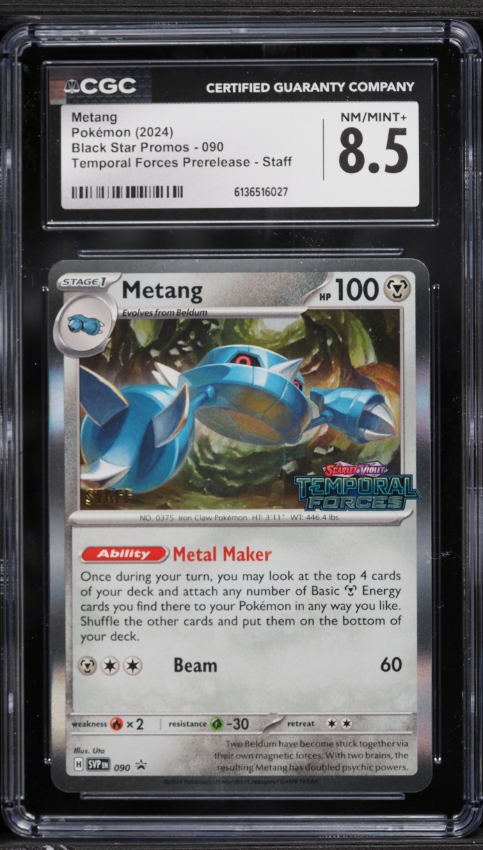 2024 Pokemon SV Black Star Promo Temporal Forces Prerelease Staff Metang #90 CGC 8.5 NM-MT+