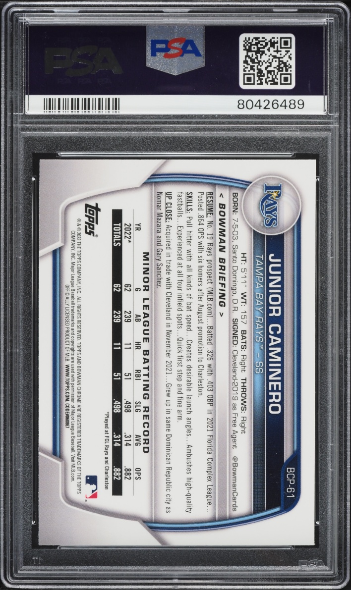 2023 Bowman Chrome Mega Box Junior Caminero PROSPECT #BCP-61 PSA 10 GEM MINT