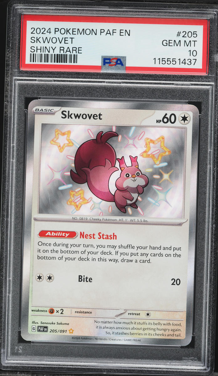 2024 Pokemon Scarlet & Violet Paldean Fates Shiny Skwovet #205 PSA 10 GEM MINT