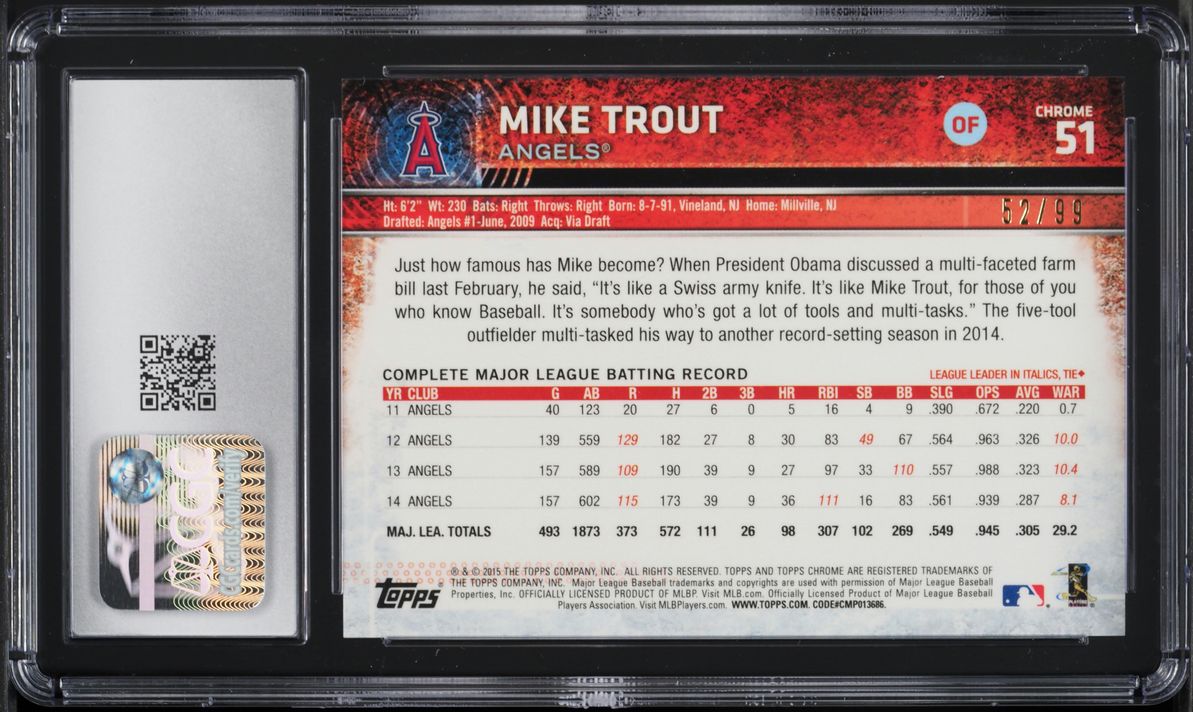 2015 Topps Chrome Green Refractor Mike Trout /99 #51 CGC 9 MINT