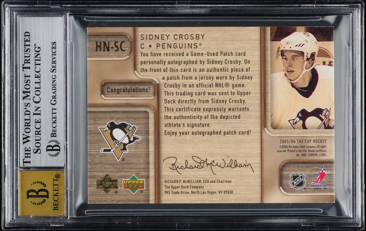 2005 Upper Deck The Cup Honorable Numbers Sidney Crosby PATCH AUTO /87 #HN-SC BGS 7.5 NRMT+