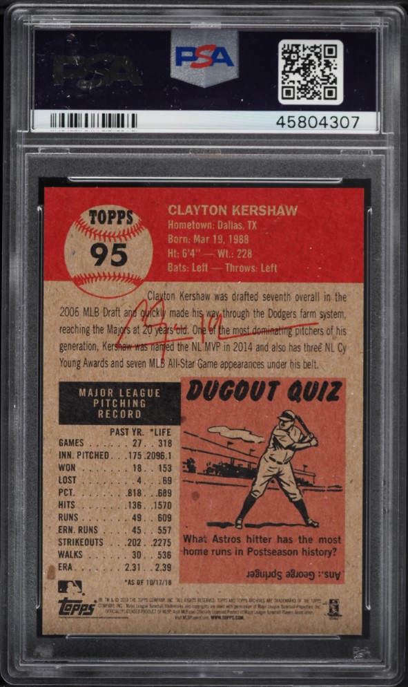 2018 Topps Living Clayton Kershaw #95 PSA 10 GEM MINT