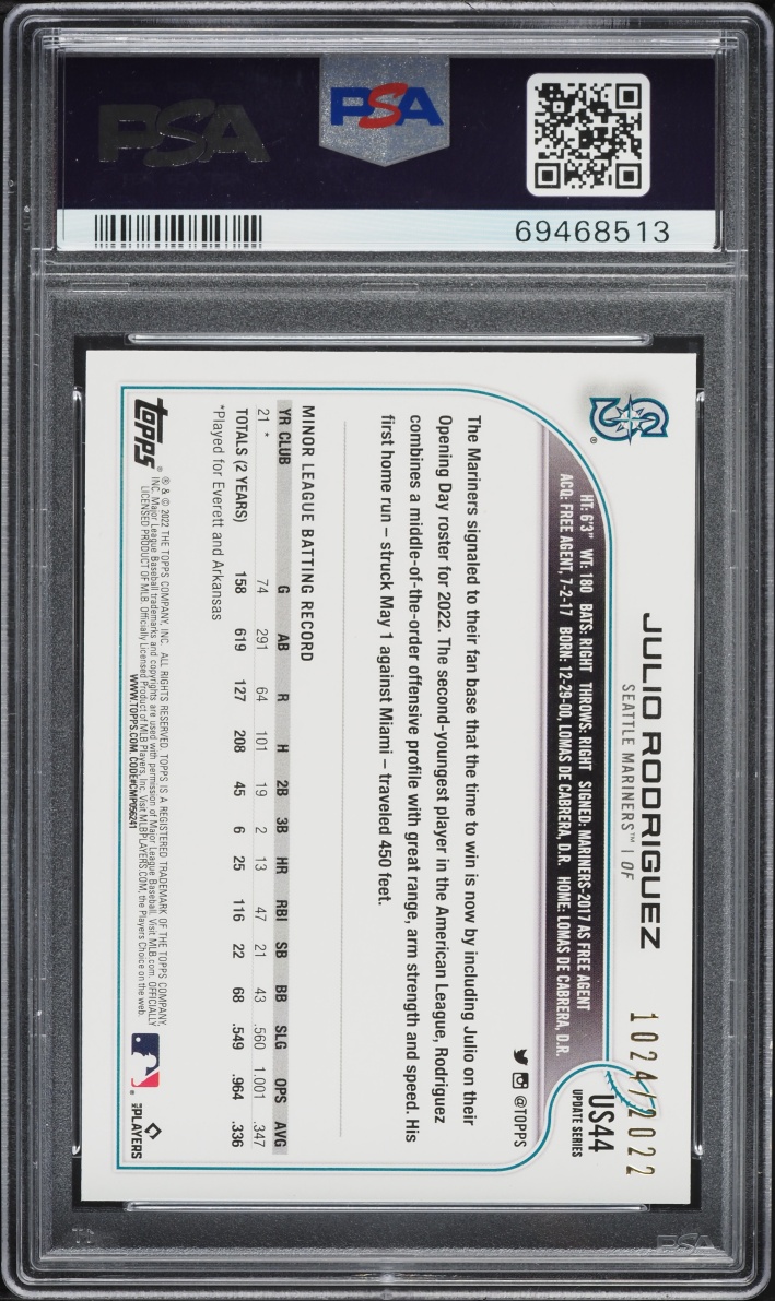 2022 Topps Update Gold Julio Rodriguez ROOKIE /2022 #US44 PSA 10 GEM MINT