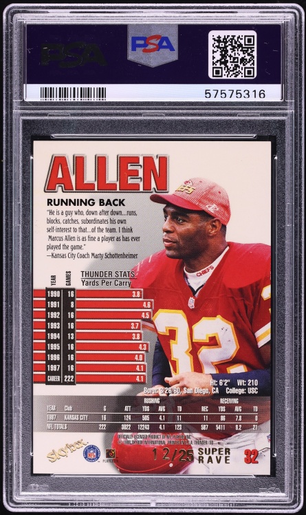 1998 Skybox Thunder Super Rave Marcus Allen /25 #32 PSA 8 NM-MT - Photo 2