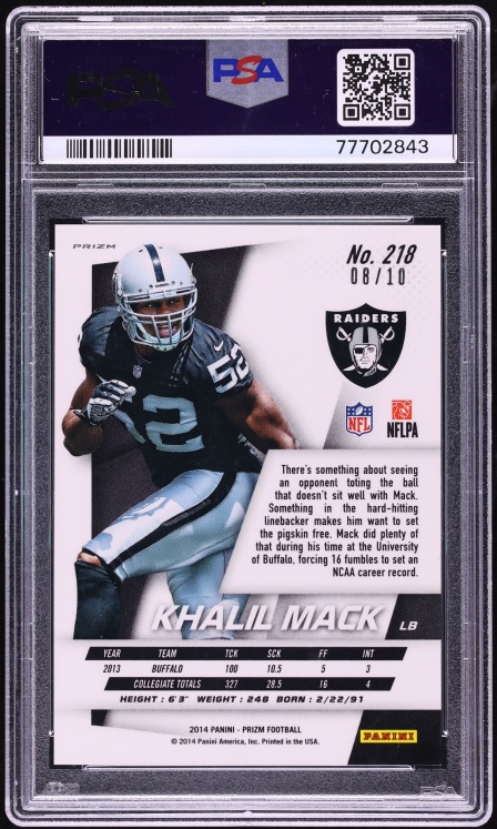 2014 Panini Prizm Gold Khalil Mack ROOKIE /10 #218 PSA 10 GEM MINT - Photo 2