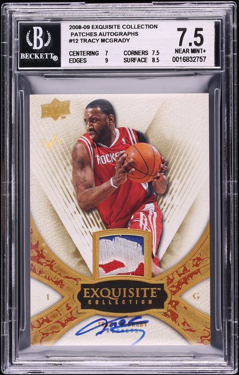2008 Exquisite Collection Tracy McGrady NBA LOGOMAN PATCH AUTO 1/1 #12 BGS 7.5 NRMT+