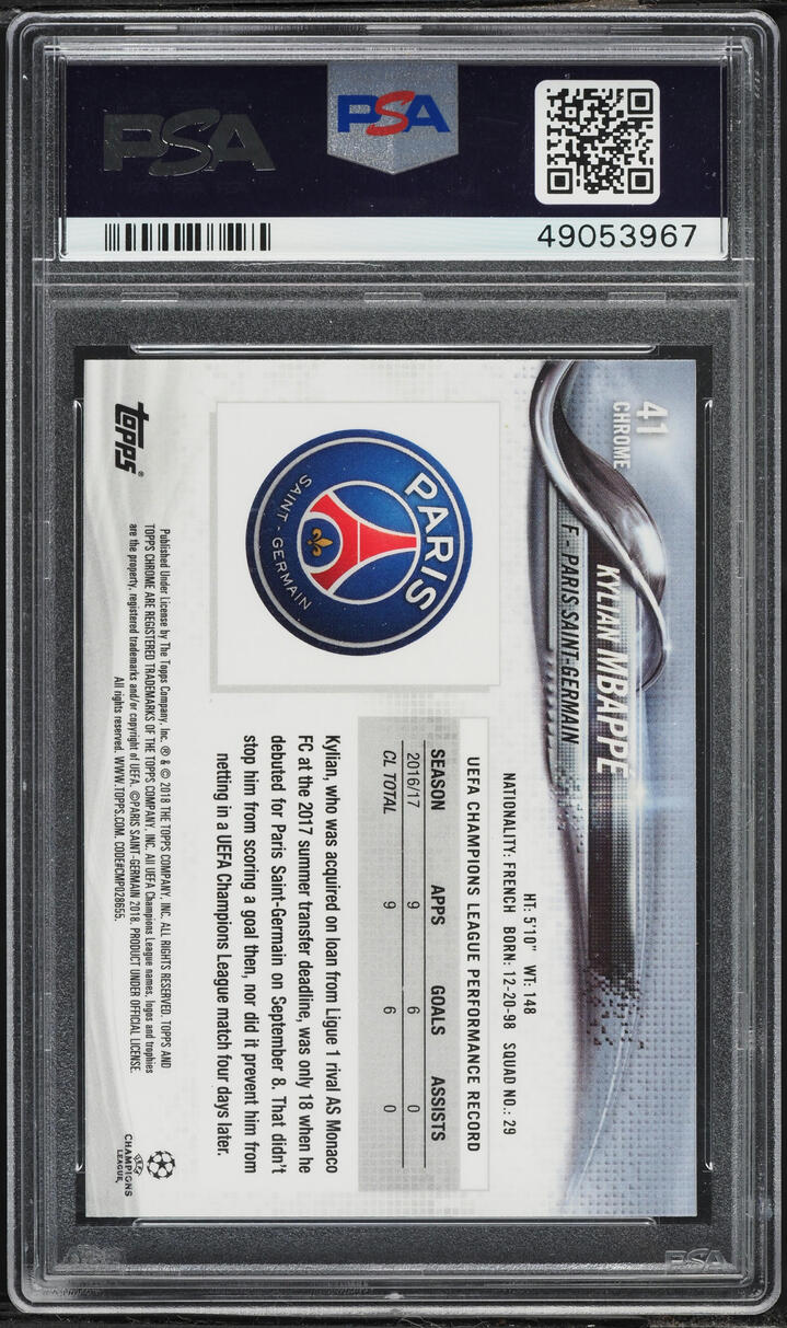 2017 Topps Chrome UEFA Champions League Kylian Mbappe ROOKIE #41 PSA 9 MINT