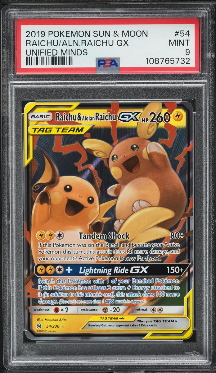 2019 Pokemon Sun & Moon Unified Minds Raichu & Alolan Raichu GX #54 PSA 9 MINT