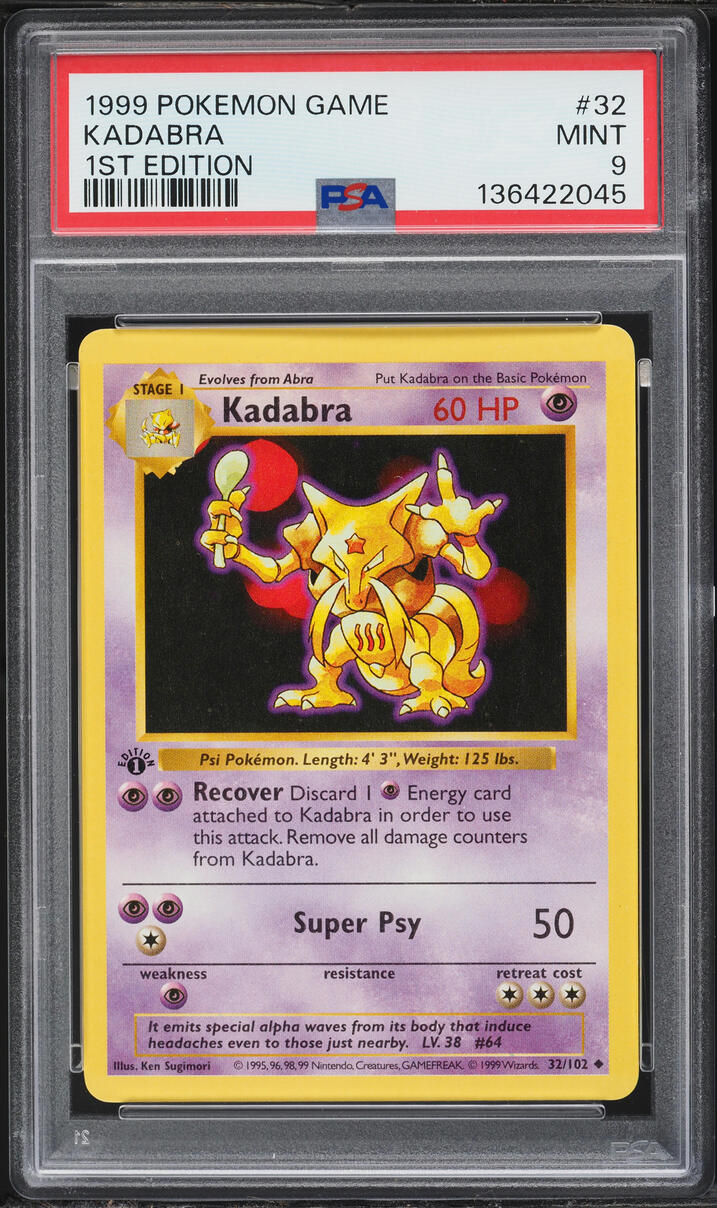 1999 Pokemon Base Set Shadowless 1st Edition Kadabra #32 PSA 9 MINT