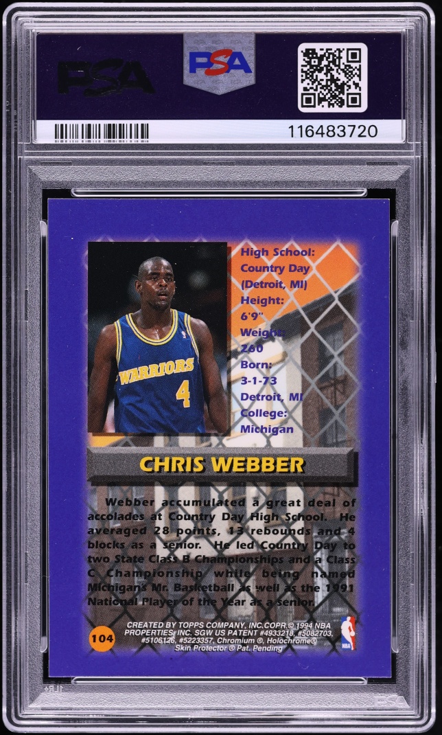 1994 Finest Basketball w/ Coating Chris Webber #104 PSA 8 NM-MT