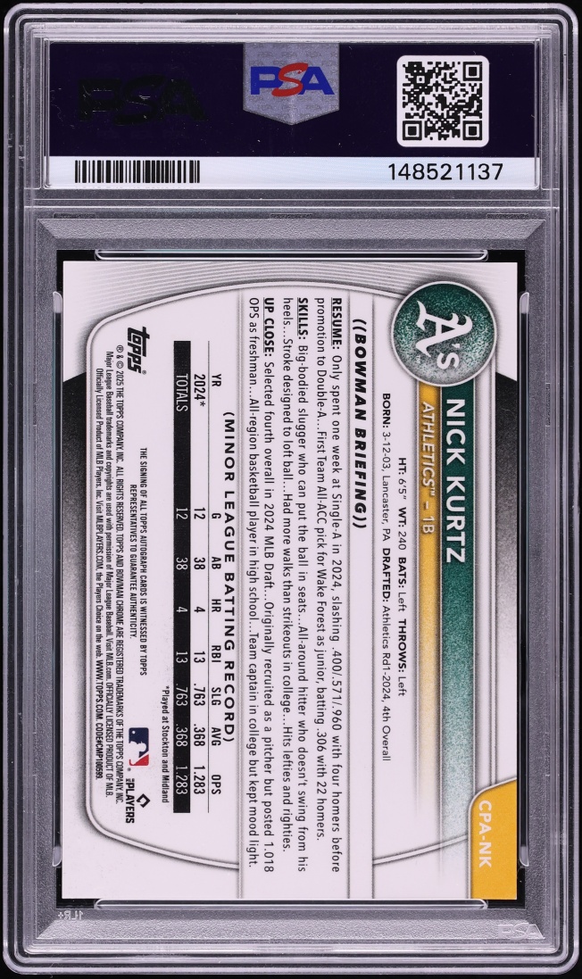 2025 Bowman Chrome Speckle Refractor Nick Kurtz PROSPECT AUTO /299 #CPA-NK PSA 10 GEM MINT