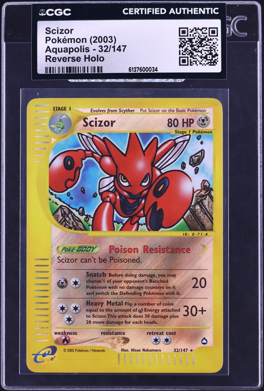 2003 Pokemon Aquapolis Reverse Holo Scizor #32 CGC AUTH