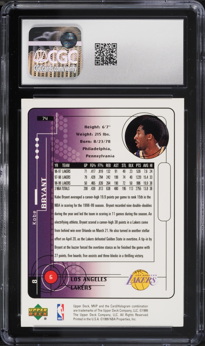 1999 Upper Deck MVP Silver Script Kobe Bryant #74 CGC 8 NM-MT