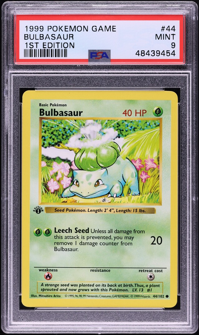 1999 Pokemon Base Set Shadowless 1st Edition Bulbasaur #44 PSA 9 MINT