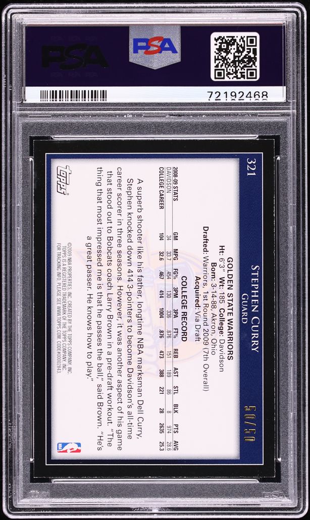2009 Topps Black Stephen Curry ROOKIE 50/50 #321 PSA 7 NRMT