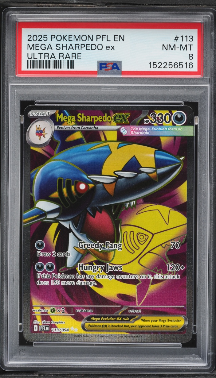 2025 Pokemon Phantasmal Flames Ultra Rare Mega Sharpedo Ex #113 PSA 8 NM-MT