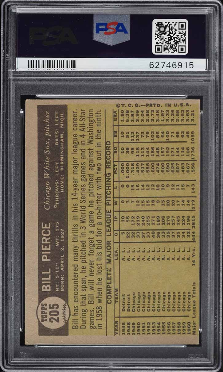 1961 Topps Bill Pierce #205 PSA 4 VGEX