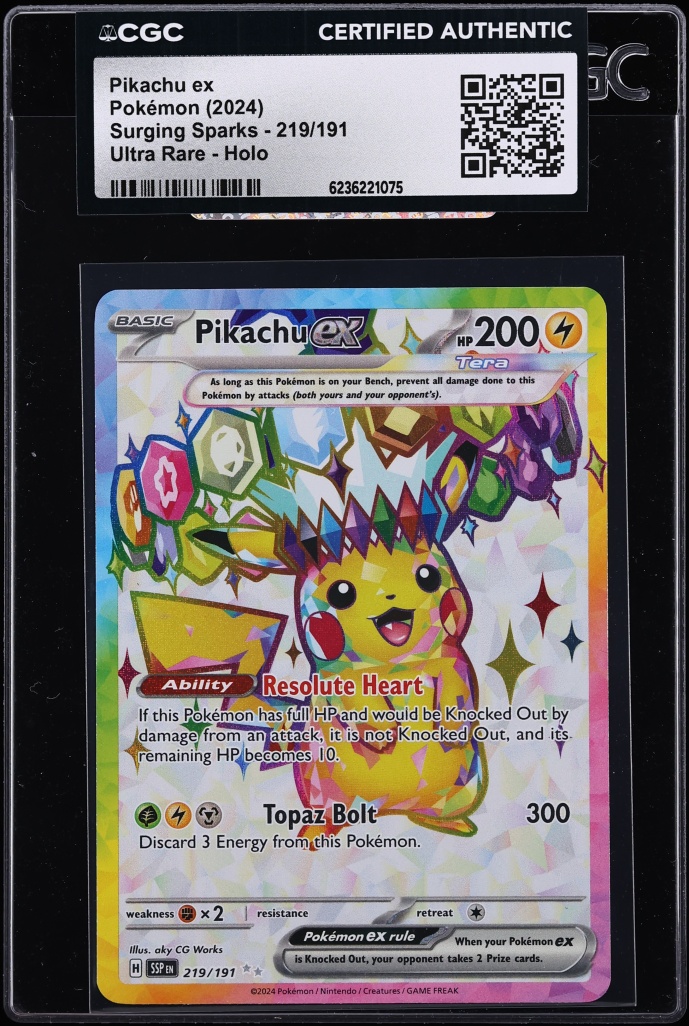 2024 Pokemon Scarlet & Violet Surging Sparks Full Art Pikachu Ex #219 CGC AUTH