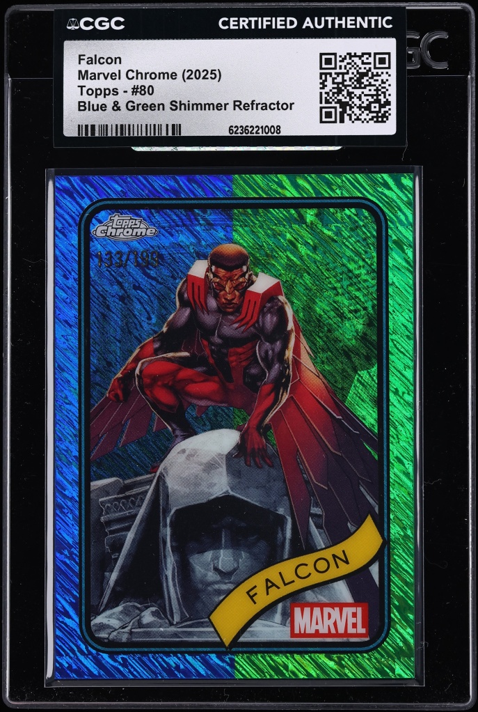 2025 Topps Chrome Marvel Blue & Green Shimmer Refractor Falcon /199 #80 CGC AUTH
