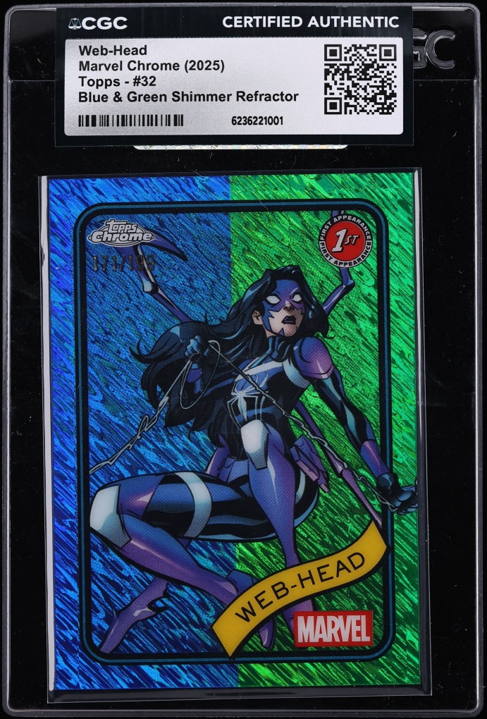 2025 Topps Chrome Marvel Blue & Green Shimmer Refractor Web-Head /199 #32 CGC AUTH