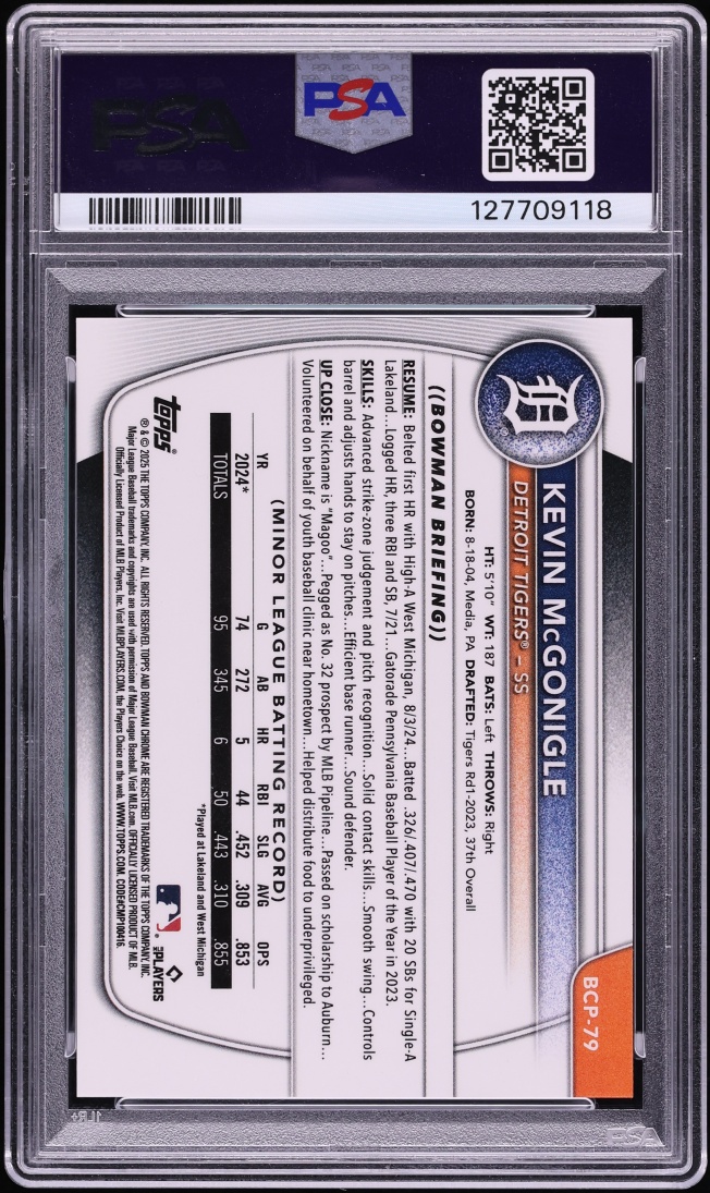 2025 Bowman Chrome Black Xfractor Kevin McGonigle PROSPECT /10 #BCP-79 PSA 10 GEM MINT